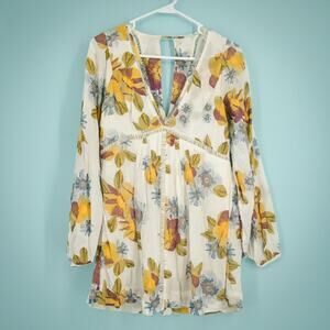 Free People Size XS Strawberry Fields V Neck Long Sleeve Floral Print Mini Dress